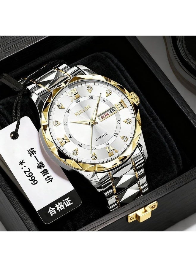 KULLEN Men's Casual Business Quartz Watch With Calendar, Stainless Steel Strap (Gold) - Image 3